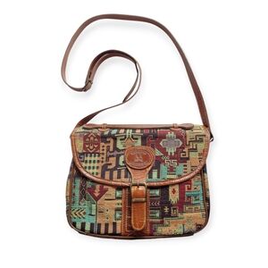 Southwestern Tapestry Crossbody Bag with Brown Leather Accents